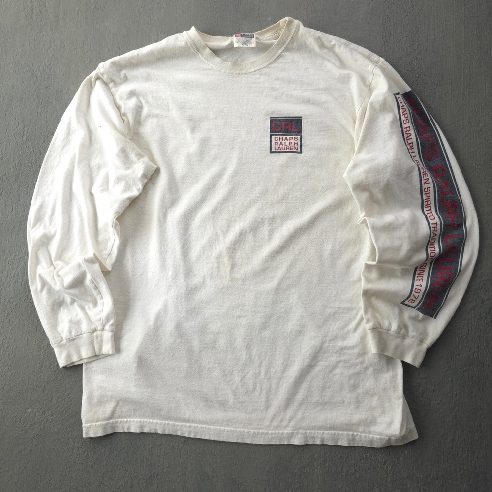 Vintage 90s Chaps Ralph Lauren White Long Sleeve T-shirt XL CRL Sleeve Graphic